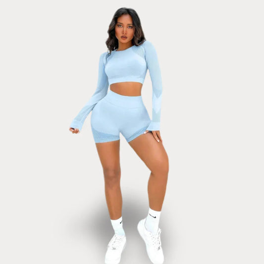 ENSEMBLE DE YOGA AVEC SHORTS ET HAUT À MANCHES LONGUES SANS COUTURE - BASIC