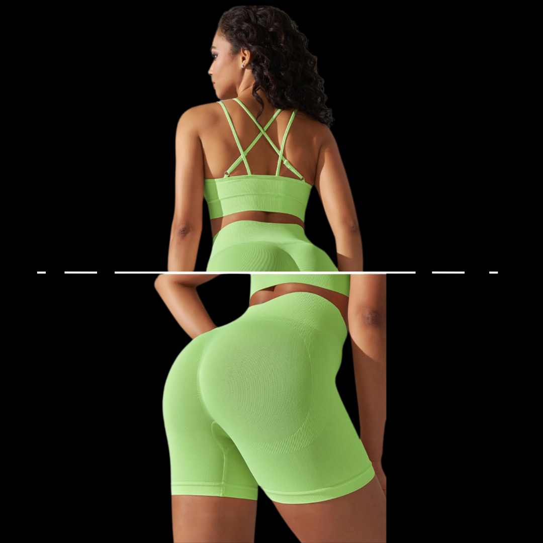 Fluo - Set sportivo lime con top incrociato sulla schiena shorts push up - UniX4U