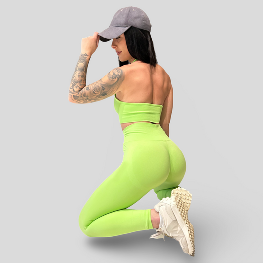 ENSEMBLE SPORTIF LIME AVEC HAUT À DOUBLE BANDEAU ET LEGGINGS - FLUO