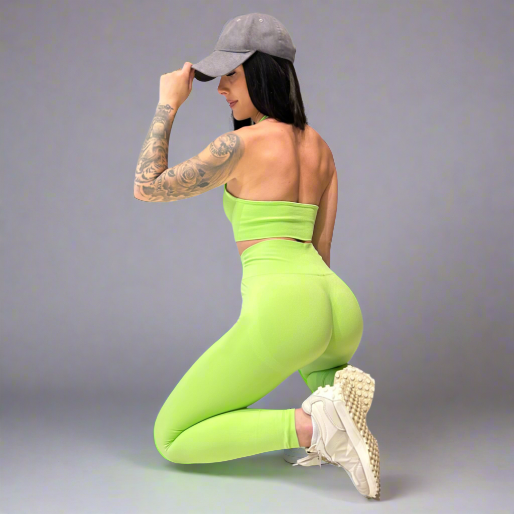 ENSEMBLE SPORTIF LIME AVEC HAUT À DOUBLE BANDEAU ET LEGGINGS - FLUO